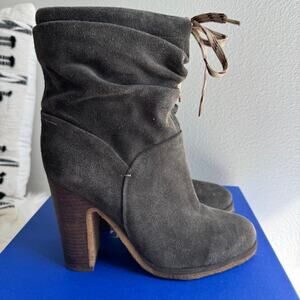 See by Chloé Dark Gray Suede Slouchy Ankle Stacked Blocked Heel Boots -38.5